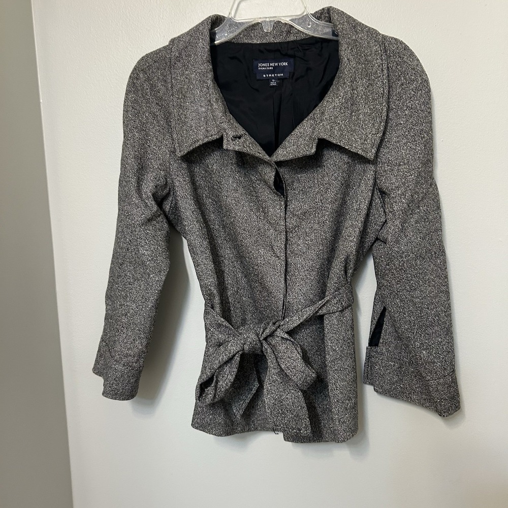Jones New York Outerwear Belted Jacket Coat Women Black White Size 10 Stretch
